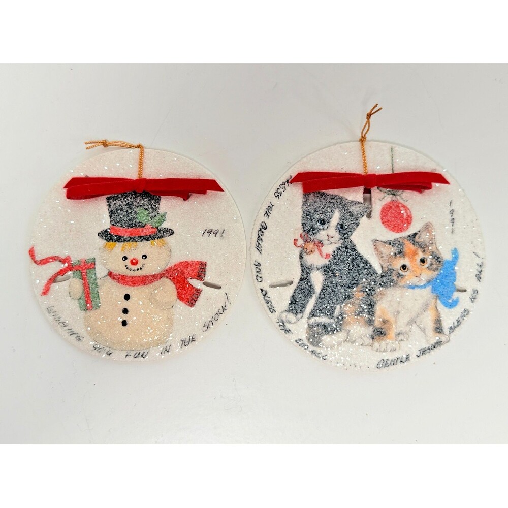 Handmade Pair Sand Dollar Christmas Ornaments Cats Snowman 1991 Signed Whimsy